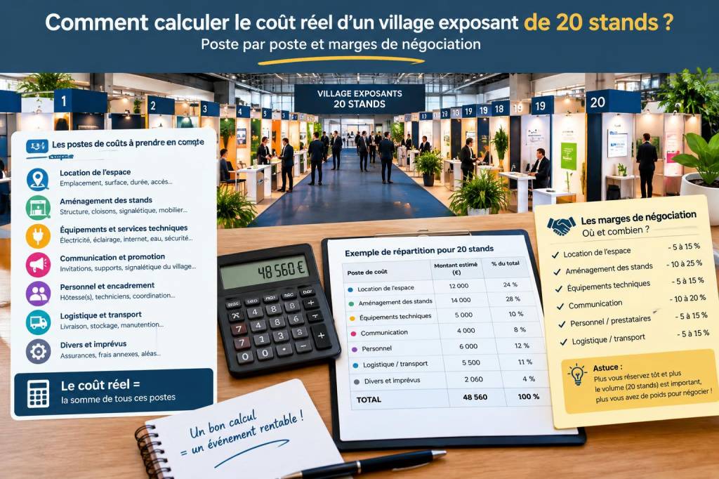 Comment calculer le coût réel d'un village exposant de 20 stands : poste par poste et marges de négociation