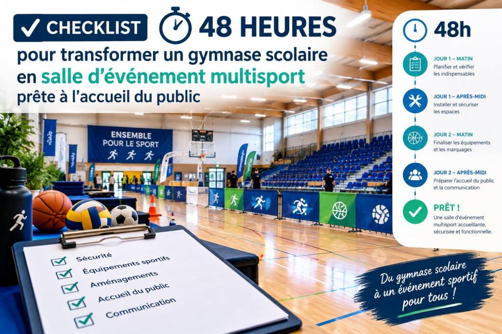 Checklist 48 heures pour transformer un gymnase scolaire en salle d'événement multisport prête à l'accueil du public